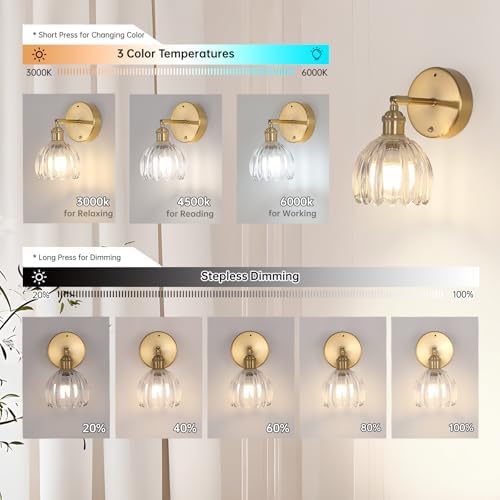 Shenmoyl Battery Operated Vintage Wall Sconces with Transparent Tulip Glass Lampshade Battery Powered Wall Lighting for Bedside Bedroom Doorway, Set of 2 - Image 6
