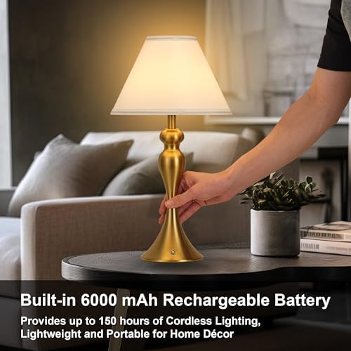 Cordless Table Lamp Rechargeable, Battery Night Light Fabric Shade, Brass - Image 3