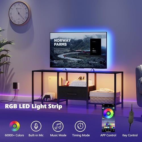 JARHETUN TV Stand with LED Lights, Entertainment Center with Open Shelves and Fabric Drawer, Media Console for 55 Inch TV, Television Stands for Living Room, Bedroom, Black - Image 4