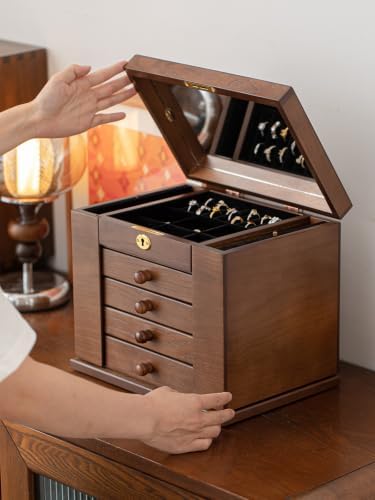 Changsuo Wooden Jewelry Box for Women, Organizer Box of Solid Wood with Lock and Key for Jewelries, Watches, Necklace, Ring, Lockable Storage Case (Rustic Brown) - Image 3