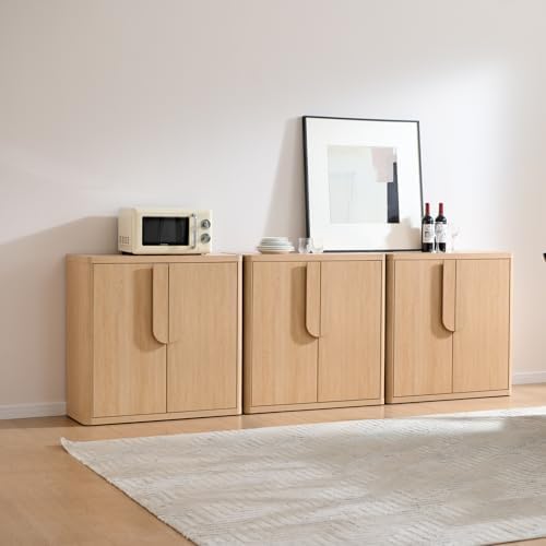 93.42'' Sideboard Buffet Cabinet W/Storage, Modern Accent Cabinets W/Curved Handles & Adjustable Shelves, 6 Doors Coffee Bar Buffet Table Credenza for Living Room Kitchen Hallway, Natural Oak - Image 2