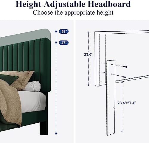 Allewie King Bed Frame, Velvet Upholstered Platform Bed with Adjustable Vertical Channel Tufted Headboard, Mattress Foundation with Strong Wooden Slats, Box Spring Optional, Easy Assembly, Green - Image 6