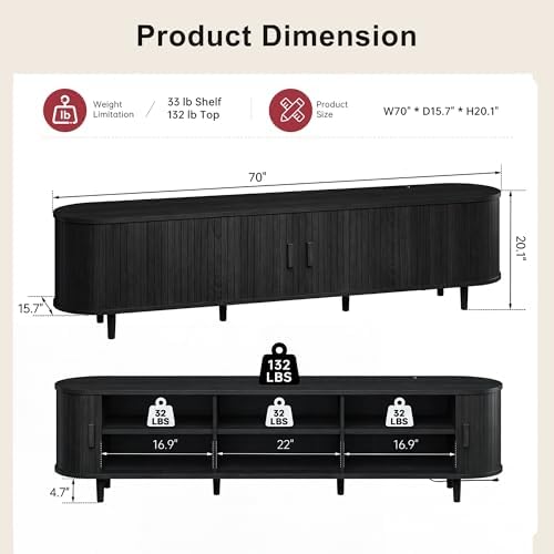 70" Mid Century Modern TV Stand, Wood TV Consoles with Sliding Doors and Power Outlet, Fluted Entertainment Center with Adjustable Shelves, Media Console for Living Room, Black - Image 3