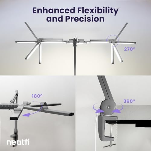 Neatfi Pro LED Desk Lamp | 3,000 Lumens | Dimmable | 360 SMD LEDs, 30W, CRI 95 | Adjustable Light Modes | Task Lamp for Home Office, Study, Workstation (Silver, 44-Inch, CCT with Clamp) - Image 3