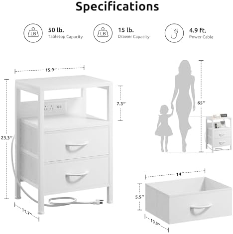 Lazzanto Night Stand with Charger Station for Bedroom, White Nightstand - Image 2