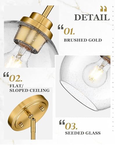 Pendant Lights Kitchen Island, 7" Modern Brushed Gold Hanging Lights Fixtures with Clear Seeded Glass Globe Shade, Kitchen Island Lighting for Bathroom, AD-22280-1P-GD-S - Image 3