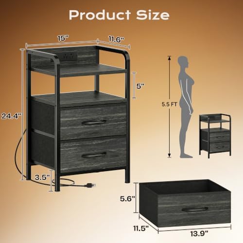 Huuger Nightstands Set of 2, Night Stand with LED Lights, Charging Station - Image 2