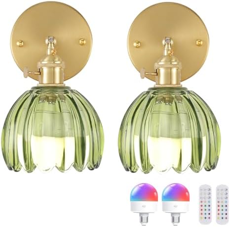 Shenmoyl Vintage Battery Operated Wall Sconce with Green Tulip Glass Lampshade 5000 mAh Rechargeable Battery Powered Wall Light with Remote Control for Bedside Bedroom Doorway, Set of 2 by Shenmoyl