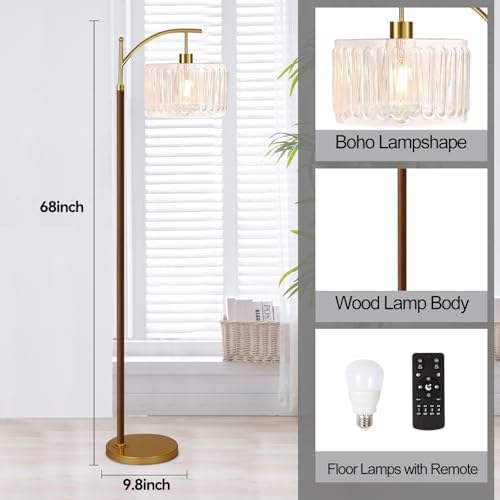 ILLMTW Arc Floor Lamp for Living Room,Bedroom,Glass Mid Century Modern Standing Lamp with Remote Dimmable,Wood Vintage Gold Tall Lamp White Lamp Shade Floor Lights Boho Bohemian Tiffany Style - Image 5