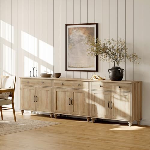 WAMAPT Oak Buffet Cabinet with 6 Doors and 3 Drawers, Large Coffee Bar Table Wood Kitchen Storage Cabinets, Modern Farmhouse Sideboard Credenza for Dining Room, 101 inch - Image 5