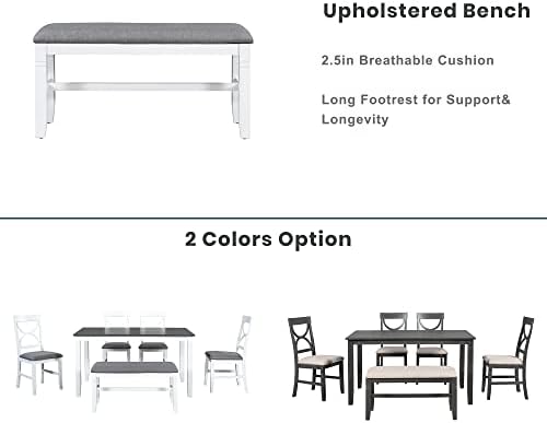 Farmhouse 6-Piece Dining Table Set, Wood Kitchen Dining Room Table Set with Upholstered Bench and 4 Dining Chairs, 60'' Rectangle Dining Table with Decoration Legs, Perfect for Family (White-K) - Image 2
