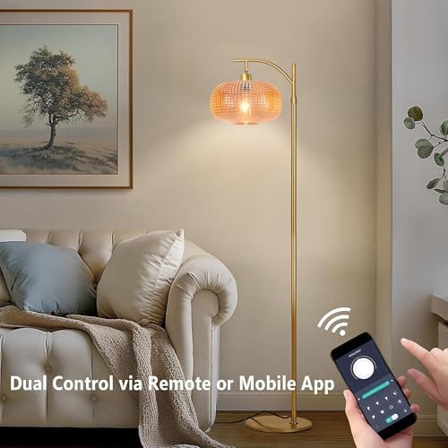 Glass Floor Lamp for Living Room, Modern Standing Lamp for Bedroom, Dimmable Tall Lamp with Shade, Remote,12W LED Bulb Included (Gold+Amber) - Image 6