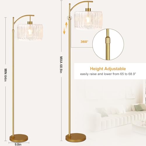 ILLMTW Glass Floor Lamp for Living Room,Bedroom,Gold Dimmable Standing Lamp with Remote,Brass White Tall Lamp Boho Mid Century Modern Floor Lamps Arc Floor Light Lamp Bohemian - Image 5