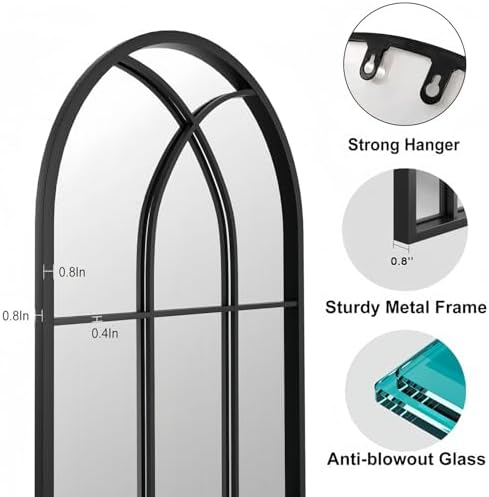 Dewfig Arched Full Length Mirror, 71"x 32" Windowpane Floor Mirror, Black - Image 6