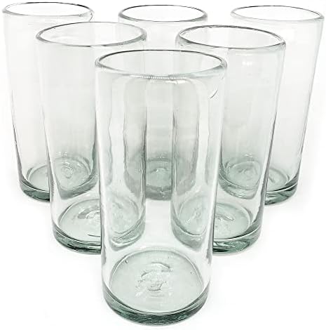 Clear 20 oz Tall Iced Tea Glasses (set of 6), Hand Blown Mexican Glassware, Recycled Glass Drinking Glasses, Lead-Free, Cocktail Margarita Glasses, Wine Glasses, Shot Glasses, Whiskey Glasses (IceTea) by MexHandcraft