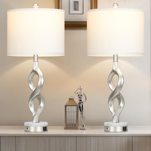Cinyirong Silver Table Lamps Set of 2 for Living Room, 30" Tall Touch Control Bedside Lamps for Bedroom Nightstand, 3-Way Dimmable Modern Sculptural Table Lamp with USB A+C Ports and 2 LED Bulbs by Cinyirong