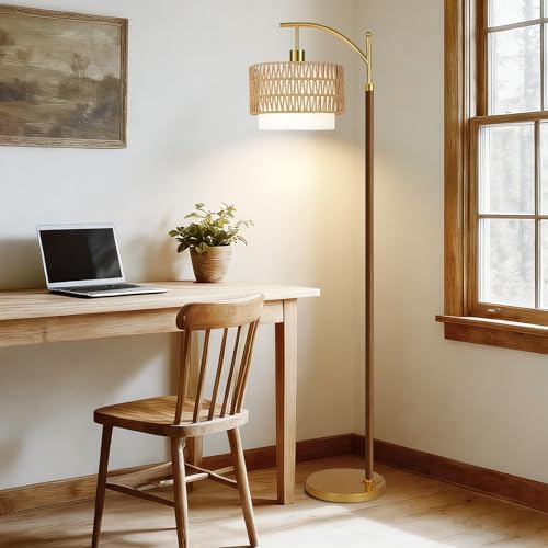 QIYIZM Rattan Floor Lamp for Living Room,Bedroom,Boho Standing Lamp with Remote Dimmable,Wood Vintage Mid Century Modern Gold Tall Lamp Wicker Lamp Shade Floor Lights Bohemian Tiffany Style - Image 5