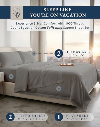 LANE LINEN Split King Sheet Sets Adjustable Bed Sateen Weave - Charcoal - Image 2