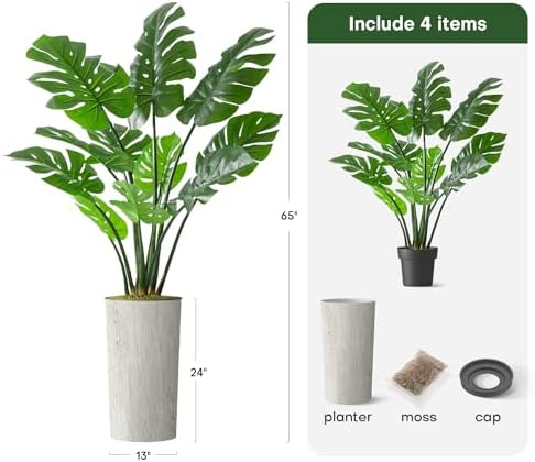 Artificial Tree in Modern Swirl Pattern Planter, Fake Monstera Silk Tree for Indoor and Outdoor Home Decoration - 65" Overall Tall (Plant Pot Plus Tree) - Image 3