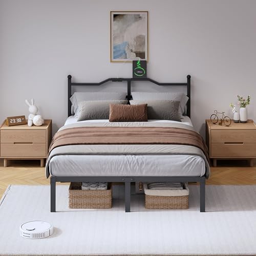 SHOANED Metal Bed Frame with Charging Station - 14 Inch King Size Heavy Duty Bedframe with Headboard Black Basic Steel Slats Platform No Box Spring Needed/Noise Free - Image 6