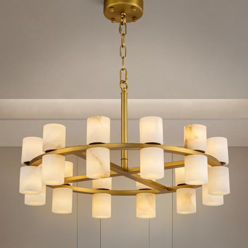 Alabaster Chandelier, Natural Spanish Stone Texture Chandeliers, D23.6in Round Chandeliers for Dining Room Small Chandelier Light Fixture for Kitchen Living Room Foyer Entryway Hallway (Brass) by Unknown