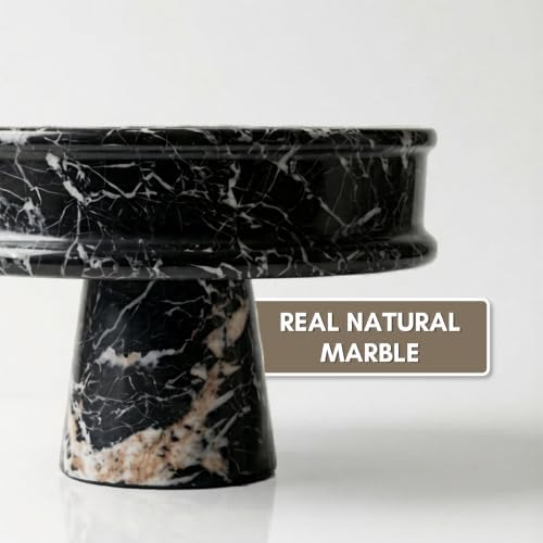 Marble Pedestal Bowl for Kitchen Counter, 10" Handcrafted Natural Stone Decorative Fruit Bowl, Catch-All Key Dish, Dining Table Centerpiece, Pedestal Bowl, & Housewarming Gift (Black Marble) - Image 2