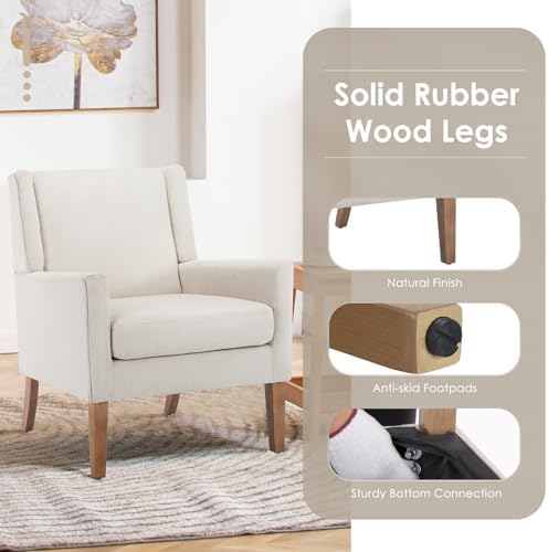 COLAMY Modern Wingback Living Room Chair, Upholstered Fabric Accent Armchair, Single Sofa Chair with Lounge Seat and Wood Legs for Office/Bedroom/Reading Spaces, Beige - Image 4