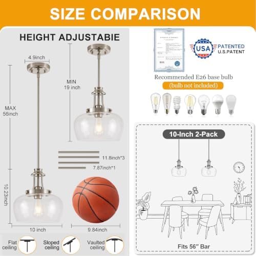 Modern Pendant Lights Kitchen Island, Brushed Nickel Pendant Light Fixtures with 10" Clear Glass Shade, Industrial Hanging Pendant Lights Fixture for Kitchen Island Dining Room Bedroom Foyer Entryway - Image 5
