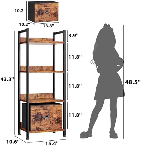 Furologee 4 Tier Bookshelf with Drawer, Tall Bookcase with Shelves, Narrow Bookshelves Storage Organizer, Wood and Metal Display Standing Shelf Unit for Bedroom, Living Room, Rustic Brown - Image 3