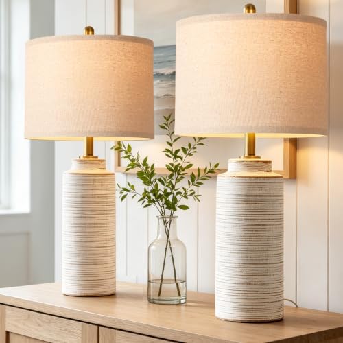 PARTPHONER 27" Vintage Ceramic Table Lamp Set of 2, Farmhouse Bedside Lamps with Ribbed Textured Finish, Rustic Nightstand Lamps for Living Room Bedroom End Tables Home Decor by PARTPHONER