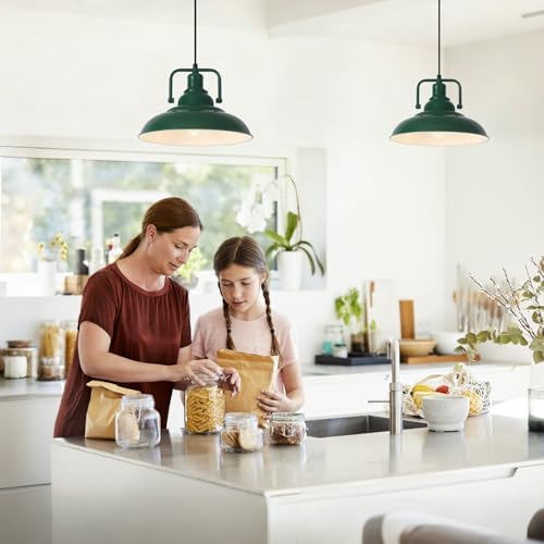 Farmhouse Pendant Light, 12.5inch, 2 Packs Green Kitchen Pendant Lights, Modern Pendant Lights, Pendant Lights Kitchen Island, Pendant Light for Bedroom, Office, Kichen Sink, Library - Image 2