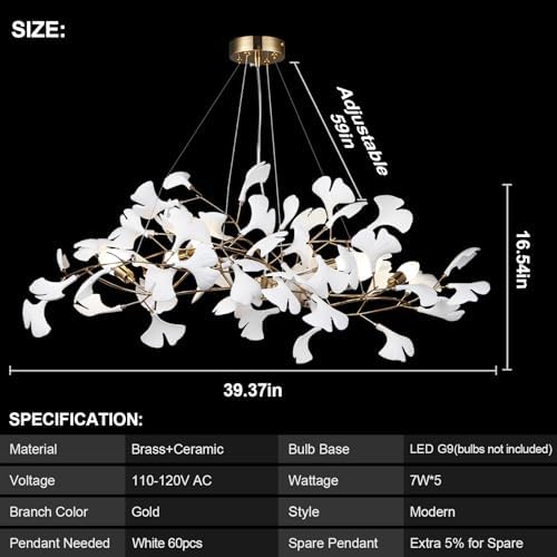 Modern Chandeliers for Dining Room - 39inch Ceramic Ginkgo Leaf Chandelier Rectangle Brass Chandelier Luxury Art Deco Handing Lights Fixture for Living Room Bedroom Kitchen Island, 5-Light - Image 4