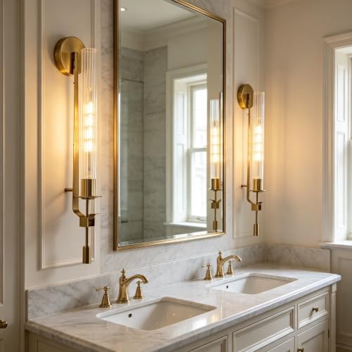 LIGHTLAND Gold Wall Sconces Set of 2, 28 Inch Modern Metal Glass Wall Light Fixture, Wall Lamp for Living Room Bedroom Hallway - Image 4
