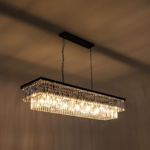 Wellmet Crystal Chandelier, 57 Inch 13-Light Black Chandelier for Dining Room Light Fixture Ceiling Hanging, Modern Rectangular Chandeliers for Kitchen Island, Living Room, Bedroom, Dining Table - Image 4
