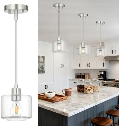 Brushed Nickel Pendant Lights Kitchen Island, 1-Light Modern Clear Glass Hanging Light Fixtures with Rods, Mini Kitchen Pendant Lighting Over Island for Sink Bathroom, OS-YQ8153-1PBNC by Osimir