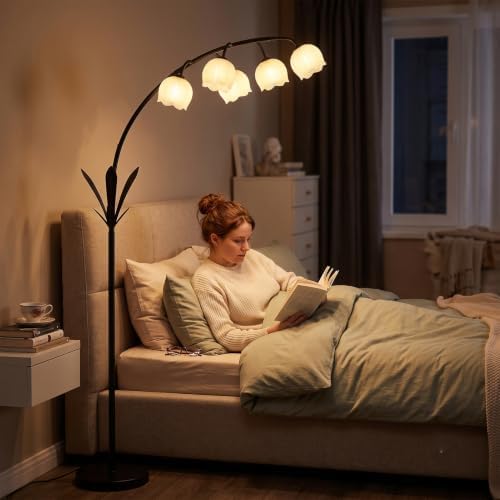 HMVPL Black Floor Lamp for Living Room, Flower Floor Lamp with 5 G9 LED Bulbs, Foot Switch, Arc Standing Lamp with Acrylic Shade,Marble Base, Cute Tall Lamp for Living Room Corner Bedroom Reading Home - Image 5