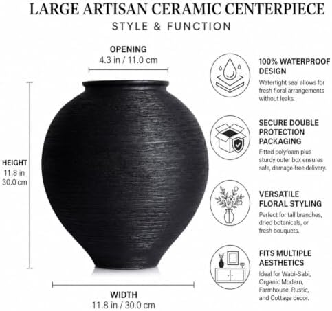 Large Blak Ceramic Vase - 11.8 Inch Large Black Round Vase, Rustic Farmhouse Vase for Home Decor, Dining Table, Shelf, Bedroom, Living Room, Kitchen, Office, Bathroom, Mantle, Centerpiece Décor - Image 2