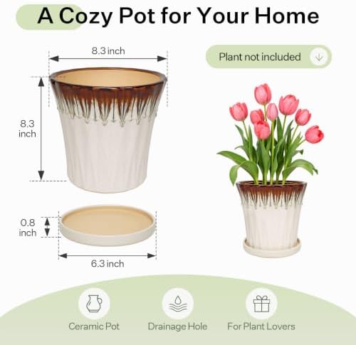 8.3 Inch Ceramic Planters with Drainage Hole and Saucer,Indoor Outdoor Large Flower Pots, Garden Pot for Plant Lovers (Drip White) - Image 6