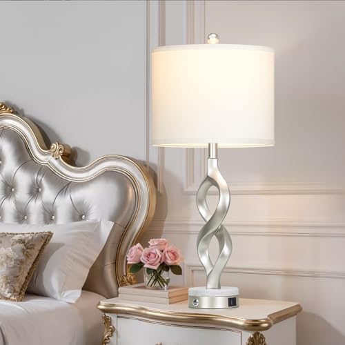 Cinyirong Silver Table Lamps Set of 2 for Living Room, 30" Tall Touch Control Bedside Lamps for Bedroom Nightstand, 3-Way Dimmable Modern Sculptural Table Lamp with USB A+C Ports and 2 LED Bulbs - Image 3