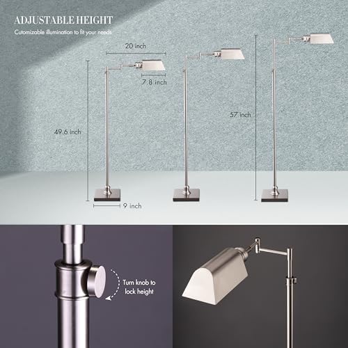 O’Bright Arcadia - Pharmacy Floor Lamp, Full Range Dimming, Swing Arm Task Lamp, E26 Socket, Bulb Replaceable, Adjustable Height 47” to 55”, 360° Rotatable Shade, All-Metal Design, Brushed Nickel - Image 4