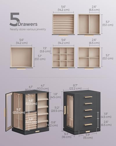 SONGMICS Jewelry Box Organizer, 360° Rotating, 5 Drawers, Slate Gray - Image 4
