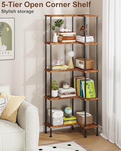 HIGDBFE 5-Tier L-Shaped Corner Bookshelf, 60" Tall Modern Corner Shelf - Image 5