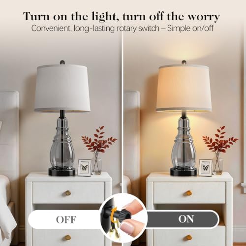 ROTTOGOON Glass Table Lamp Set of 2, Modern Table Lamps for Living Room Bedroom, Bedside Desk Lamps Vintage Nightstand Lamps with Linen Shades, 22", Black - Image 3