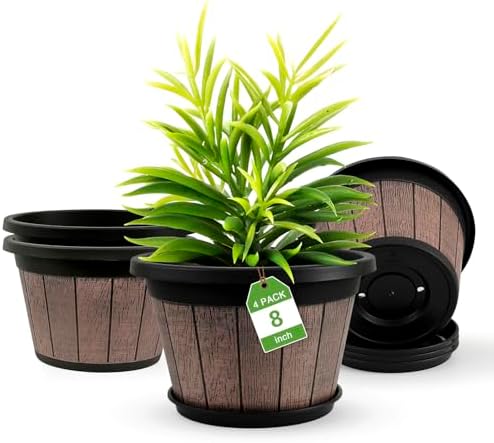 Quarut 4 Pack 8 inch Pots for Plants,Upgrade Whiskey Barrel Planters by Quarut