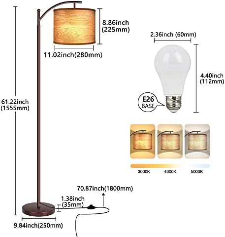 Floor Lamp for Living Room, LED Standing Lamp Tall Industrial Floor Lamp Reading for Bedroom, Office (9W LED Bulb, Wood Grain Lampshade Included) - Oil-Rubbed Bronze - Image 5