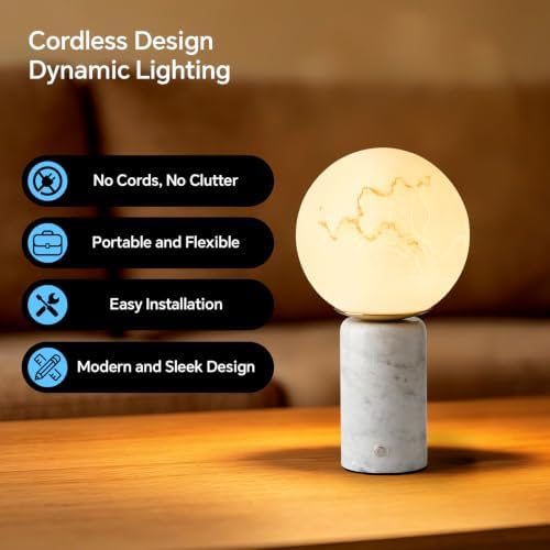 Natural Carrara White Table Lamp Cordless Rechargeable Marble Touch Night Light with Glass Shade 3 Color Adjustable LED Dimmable Ambient Lighting for Bedroom Living Room Desk Shelf - Image 5