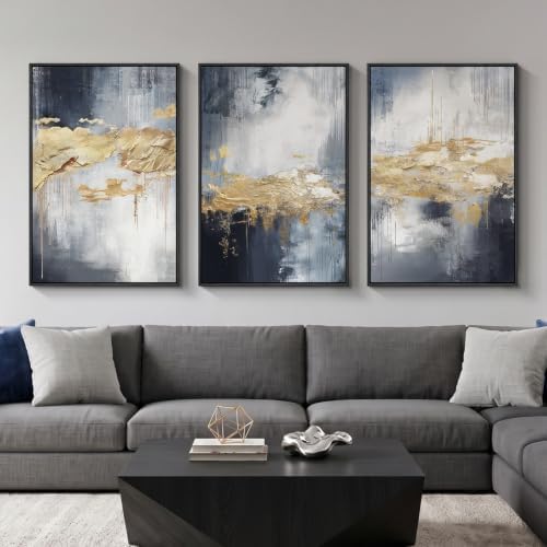 Large Framed Blue and Gold Abstract Wall Art for Living Room, 3 Piece 24x36 by Cuspin