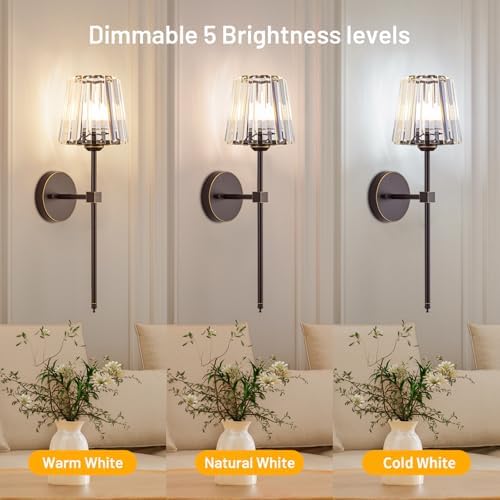Crystal Battery Operated Wall Sconces Set of 2, Brown and Gold Rechargeable Wireless Wall Lights with Crystal Lampshade, 12 RGB and 3CCT Dimmable Wall Lamps with Remote for Bedroom Living Room Hallway - Image 6