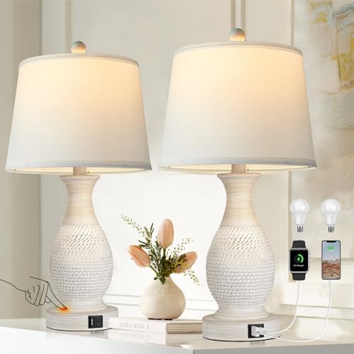 PARTPHONER Table Lamps Set of 2, Bedside Touch Lamp with USB C+A Charging Ports, Side Table Lamp with White Fabric Shade (LED Bulbs Included) by PARTPHONER