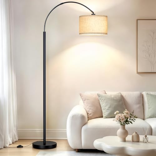 Arc Floor Lamps for Living Room, Black Standing Lamp with Linen Shade by Anrikey